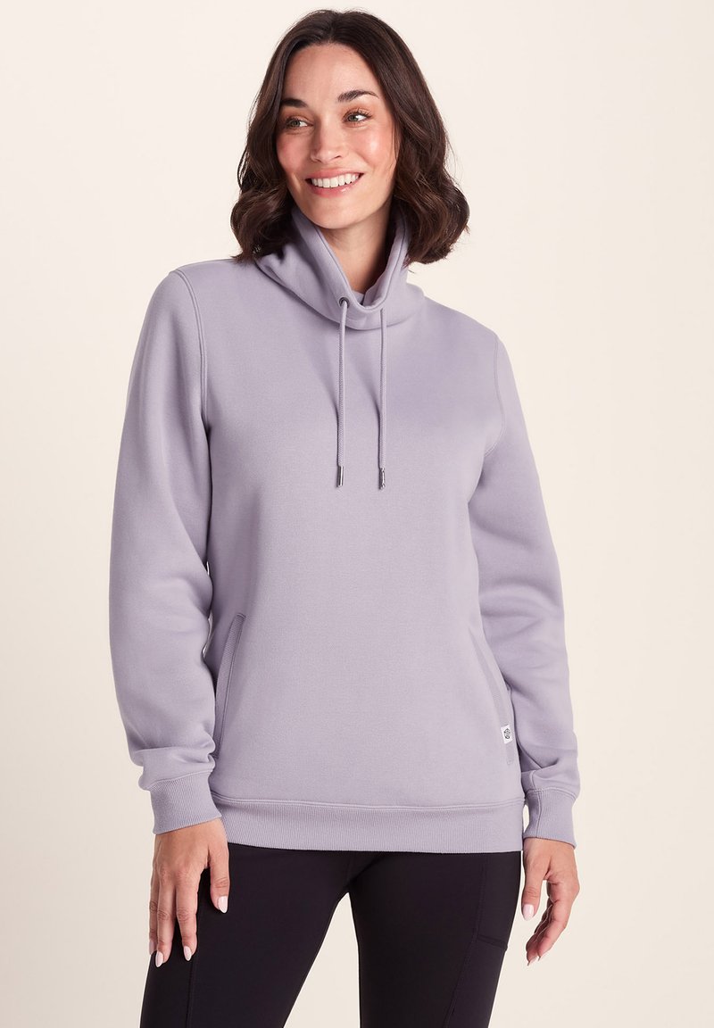 Light purple hoodie with a high neck, drawstrings, and a kangaroo pocket. Soft texture and ribbed cuffs at the sleeve ends.