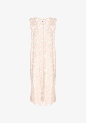 Strickweste in hellbeige mit einem Spitzenmuster, bietet eine lockere Silhouette, einen tiefen Ausschnitt und einen gewellten Saum für einen luftigen Look.