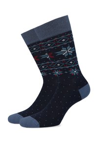 Wełniane skarpetki w ciemnym granacie z geometrycznym nadrukiem, z akcentami w kolorze czerwonym i jasnoniebieskim. Rybrowany mankiet i wzmocniony palec w jaśniejszym odcieniu niebieskiego.