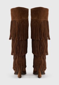 Stivali alti in suede marrone con dettagli in frange sovrapposte e tacchi a punta, visti da dietro su uno sfondo bianco semplice.