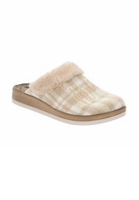 Pantofole a scacchi beige con colletto foderato in pelliccia e suola testurizzata. Presentano un upper in tessuto morbido e un design a profilo basso.