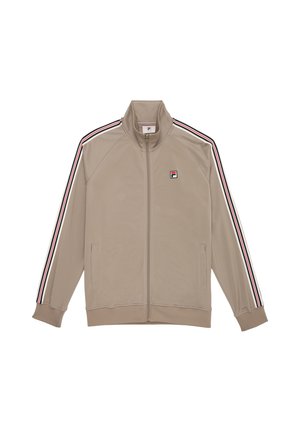 Giacca da allenamento beige con zip, colletto alto, righe nere, bianche e rosse sulle maniche e piccolo logo sul petto sinistro.