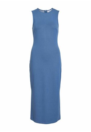 Mouwloze, nauwsluitende midi-jurk in effen gedempte blauwe kleur met een hoge ronde halslijn en een ritssluiting aan de achterkant.