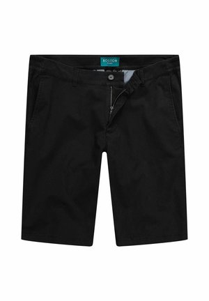 Schwarze Shorts mit Reißverschluss, Knopfverschluss und seitlichen Taschen. Hergestellt aus einem glatten Baumwollgemisch, mit einem elastischen Bund für Komfort.