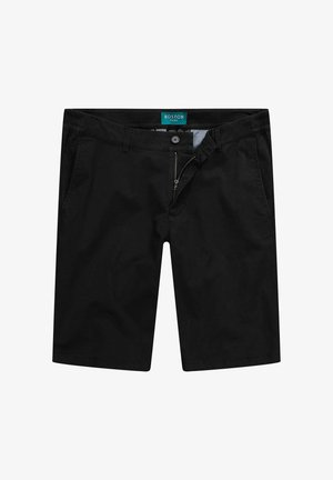 Černé šortky s zipem, knoflíkovým zapínáním a bočními kapsami. Vyrobené z hladké bavlněné směsi, s elastickým pasem pro pohodlí.