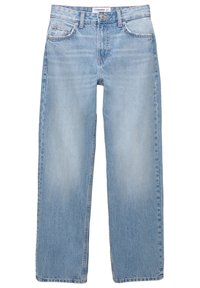 Jean en denim bleu clair à coupe droite, avec cinq poches, taille boutonnée et légère décoloration sur les cuisses, posé à plat sur fond blanc.