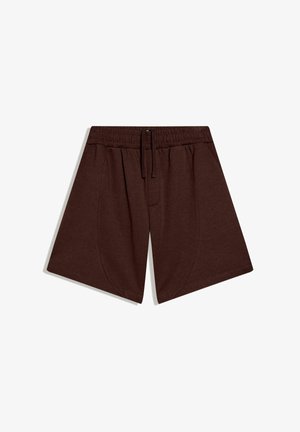 Donkerbruine casual shorts met elastische tailleband en trekkoord, voorzien van gebogen zijnaden en een knielange lengte.