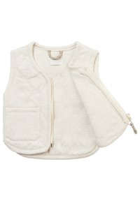 Světle béžová bezrukávová prošívaná vesta s předním zipem, náprsní kapsou a měkkou texturou. Obsahuje smyčku na zavěšení uvnitř.