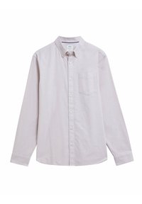 Camicia a maniche lunghe rosa chiaro con colletto alla francese, taschino singolo sul petto e una texture di cotone morbido. Presenta chiusura frontale con bottoni.