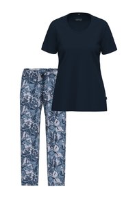 T-paita, jossa on lyhyet hihat tummansinisessä värissä, yhdistetty sinisiin kukkakuosisiin housuihin, joissa on joustava vyötärö ja naru.