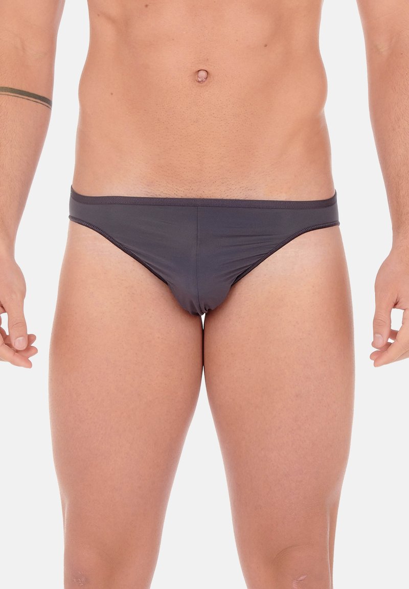 Dark gray swim briefs made of smooth fabric. Features a low-rise design and minimal coverage, with reinforced stitching along the edges.