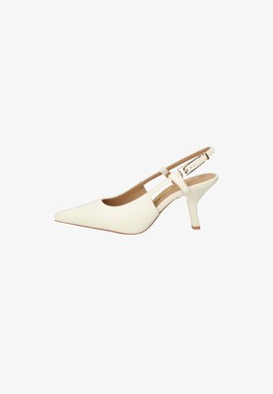 Décolleté bianca con punta a punta, cinturino slingback regolabile con fibbia e tacco medio affusolato.