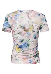 T-shirt a maniche corte con stampa floreale, caratterizzato da un mix di colori pastello, una texture morbida e un design aderente.