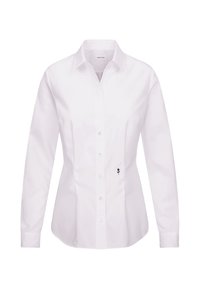 Chemise blanche à manches longues boutonnée avec col et petite fleur noire brodée près du bas côté droit.