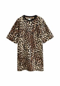 Leopard print short-sleeve dress with a relaxed fit, featuring black crew neckline and soft, textured fabric. Brown, black, and beige colors.
