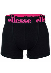 Schwarze Boxershorts mit einem breiten schwarz-pinken Bund, der den Markennamen "ellesse" in fetten pinken Buchstaben trägt.