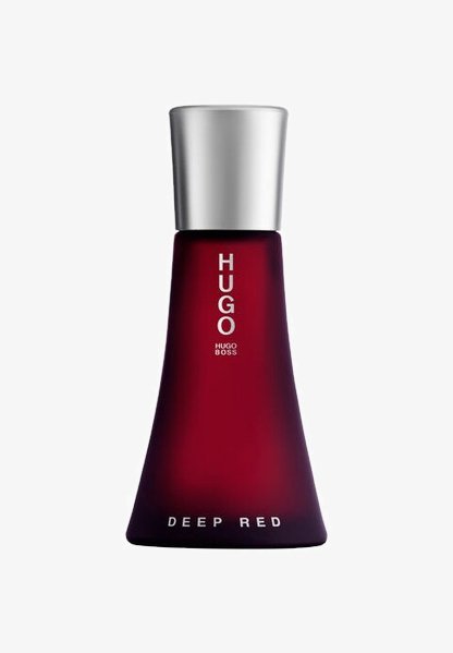 Flacon de parfum en verre rouge avec un design effilé, un capuchon métallique argenté, et un texte blanc indiquant "HUGO" et "DEEP RED" sur le devant.