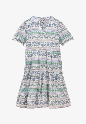 Rövid ujjú pamutruha, fehér háttérrel, kék és zöld virágmintákkal, gombos henley nyakkal és szélesedő szoknyával.