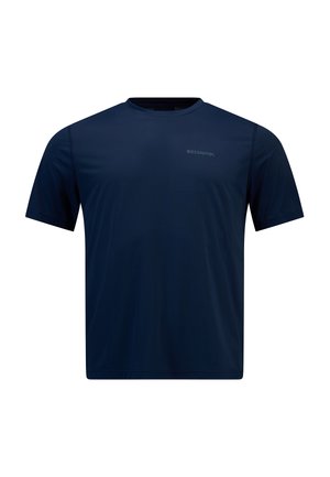 T-shirt a maniche corte blu navy realizzato in tessuto morbido, presenta un collo rotondo e un logo sottile nella zona sinistra del petto. Texture liscia.