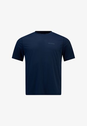 Kurzarm-T-Shirt in Marineblau aus weichem Stoff, mit Rundhalsausschnitt und dezentem Logo auf der linken Brustseite. Glatte Textur.