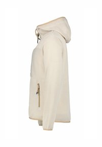 Felpa con zip color beige realizzata in un tessuto testurizzato, con un pattern tridimensionale, cappuccio con coulisse regolabile e una tasca frontale con zip.