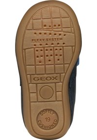 Sola blu di scarpa con una base in gomma beige testurizzata, con il marchio "FLEXY SYSTEM" e "GEOX", con supporto imbottito etichettato "SOFTLY CUSHIONED".