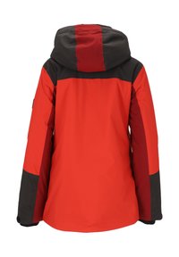 Rote und schwarze Jacke mit Kapuze, die ein Farbblockdesign aufweist. Wasserabweisendes Material, glatte Textur und elastische Bündchen.