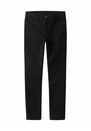 Black denim jeans with a slim fit, five-pocket design, front button closure, and contrasting stitching. Smooth texture with minimal detailing.