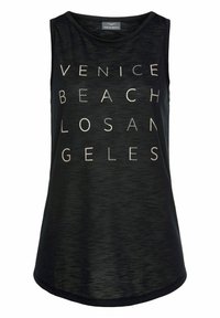 Schwarzes ärmelloses Tanktop mit lockerer Passform, mit weißem Blockschriftzug "VENICE BEACH LOS ANGELES". Weicher, strukturierter Stoff.