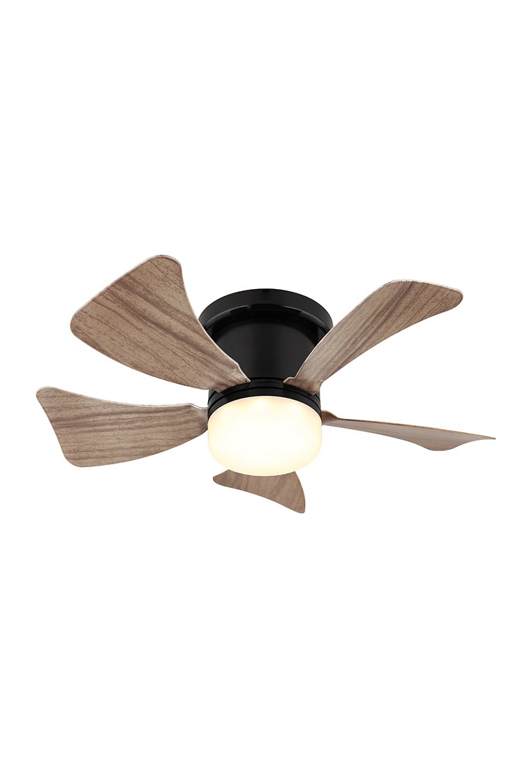 Stropní ventilátor s pěti zakřivenými dřevěnými lopatkami a centrálním kulatým světlem s černým upevněním.