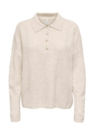 Suéter de punto de manga larga color crema con cuello y cuatro botones delanteros, con un ajuste relajado y puños y dobladillo acanalados.