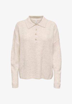 Suéter de punto de manga larga color crema con cuello y cuatro botones delanteros, con un ajuste relajado y puños y dobladillo acanalados.