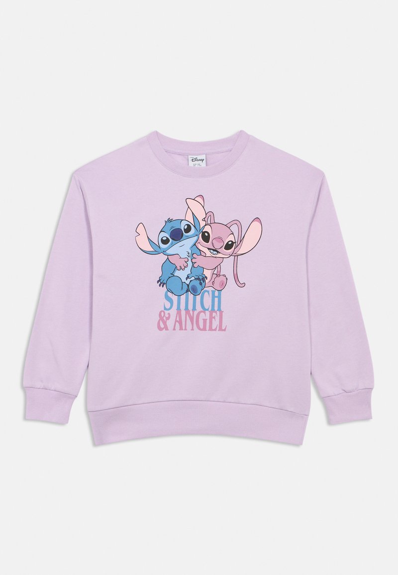 Lavender sweatshirt featuring a printed graphic of Stitch and Angel, with text "STITCH & ANGEL" in blue and pink. Soft fabric, crew neckline.