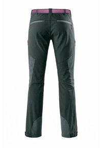 Pantalon de plein air noir avec renforts aux genoux et aux mollets, poches arrière et latérales zippées, et ceinture rose à motifs visible à la taille.