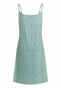 Robe vert menthe avec fines bretelles, présentant un motif à pois noirs. Silhouette évasée, texture lisse, et ourlet longueur genou.