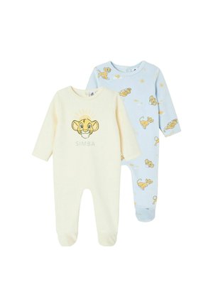 Zwei Babystrampler: einer in Gelb mit einem Simba-Grafik, der andere in Hellblau mit einem wiederholten Simba-Muster. Weicher Stoff, lange Ärmel.