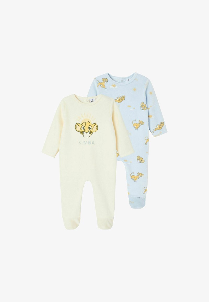 Zwei Babystrampler: einer in Gelb mit einem Simba-Grafik, der andere in Hellblau mit einem wiederholten Simba-Muster. Weicher Stoff, lange Ärmel.