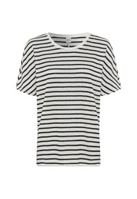 Sort og hvid stribet T-shirt, korte ærmer, rund halsudskæring, blød tekstur, afslappet pasform, vandrette striber med jævn afstand.