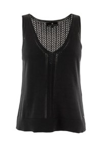 Top en tricot sans manches noir avec un décolleté en V, un motif zigzag texturé, un fin côtelage à l'ourlet et un design superposé au niveau du col.