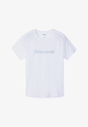 White short-sleeve T-shirt with "Normal" logo in light gray centered on the chest, round neckline, made of lightweight fabric.