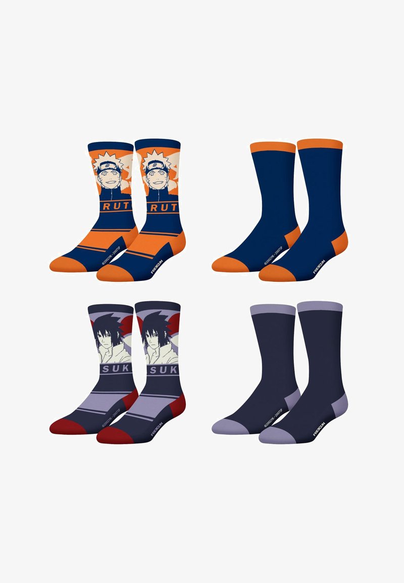 Quatre paires de chaussettes : deux avec les couleurs orange et marine et un personnage de Naruto, deux unies orange et marine, deux avec rouge, gris et noir et un personnage de Sasuke, et deux unies gris et noir.