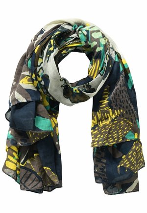 Light scarf with abstract floral and leaf patterns in shades of blue, green, yellow, brown, and white, loosely folded in a loop.