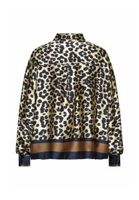 Langærmet skjorte med leopardmønster, knaplukninger ved manchetterne og sorte og brune vandrette striber i kanten, vist fra ryggen.