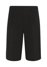 Zwarte shorts gemaakt van geweven stof, met een tailored ontwerp, twee voorzakken en riemlussen. Soepele textuur en knielengte.