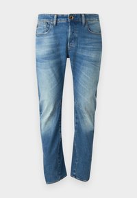 Jeans de denim azul claro con una textura desgastada, diseño de cinco bolsillos y cierre de cremallera. Presenta un botón en tono dorado y costuras en contraste.