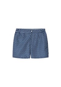 Marineblaue Shorts mit einem weißen Pünktchenmuster. Hergestellt aus leichtem Stoff mit einem elastischen Bund und einem Knopfverschluss.