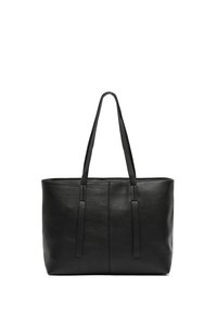 Black tote bag made of textured faux leather. Features two long handles and a spacious rectangular shape with a central seam detail.