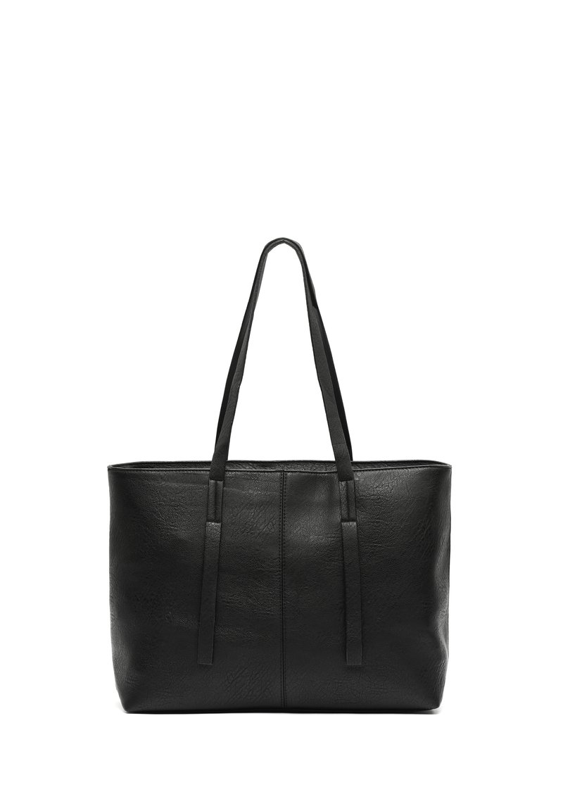 Black tote bag made of textured faux leather. Features two long handles and a spacious rectangular shape with a central seam detail.