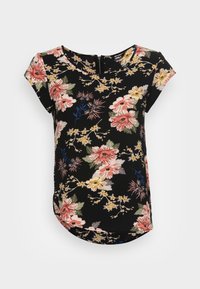 Haut noir à manches courtes avec un motif floral en rose, jaune et bleu. Présente un ourlet arrondi et un détail de fermeture à l'arrière.