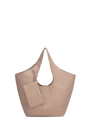 Borsa tote in pelle beige texturizzata con manico largo e piccola pochette abbinata con cerniera e nome del marchio.